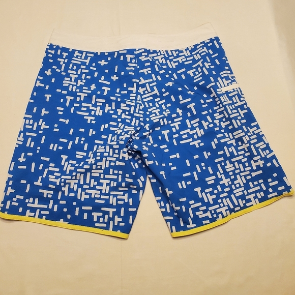 Volcom Mod Tech Board Shorts Mens 36 Blue And White Geometric Pattern Tie Waist - Picture 2 of 5